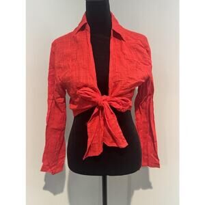 Better / Together Blouse Womens XS Red Cropped Tie Front Collared Long Sleeve